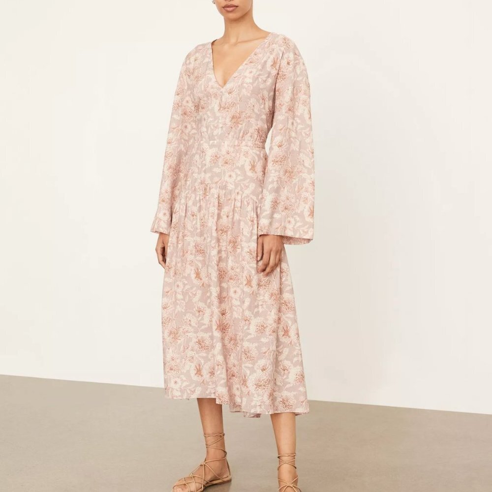 Vince Floral Long Sleeve Dress in Cream and Pink